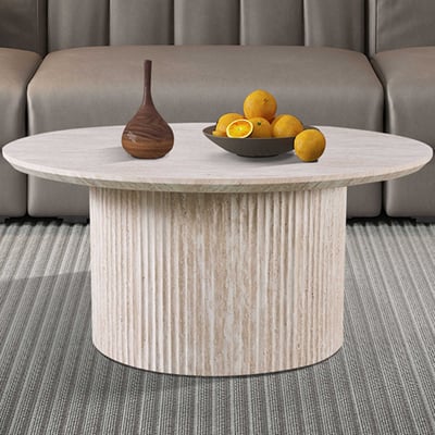Lagos' 80 cm Ronde Salontafel Travertin Beige | Matte MDF Structuur, 25 mm MDF Bovenblad met 3D Papier | 38 x 80 x 80 cm