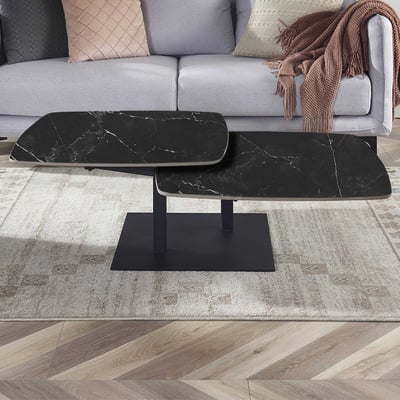 Salontafel Sendai 70-120 x 70 x 35 cm - draaibaar - metaal en steen - zwart marmer