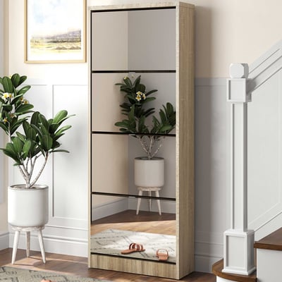 Schoenenkast Mex - 60x23x161cm - 4 deuren - met spiegel - sonoma eik