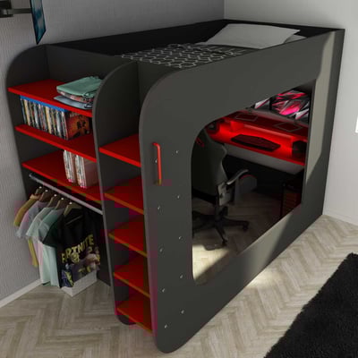 Hoogslaper Graham met gamebureau 120x200cm - antraciet/rood Hoogslaper Graham met gamebureau 120x200cm - antraciet/rood