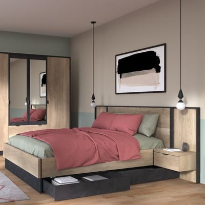 Tweepersoonsbed Yuri 140x190cm - antraciet/eik decor