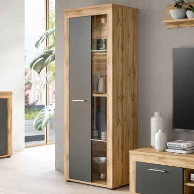 Vitrinekast Jam - 60x35x159cm - 1 deur - Wotan eik/antraciet