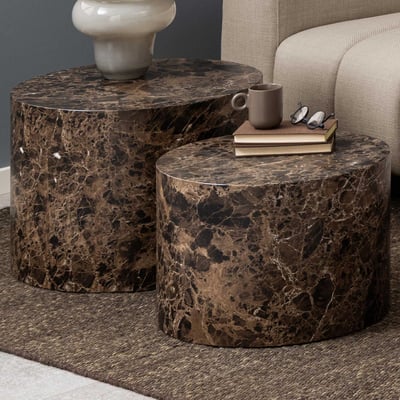 Ronde salontafelset Dice - set van 2 - donkerbruin marmer