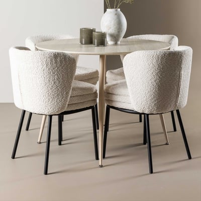 Ronde Eetkamerset Plaza Agnes Venture Design - MDF & Bouclé - 100cm Ø - Wit & Zwart