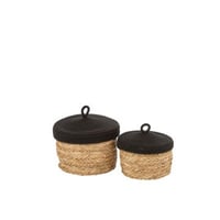 Set van 2 manden+deksel rond gras/katoen naturel/zwart