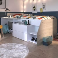 Kajuitbed Milky met bureau en lades - wit/eik