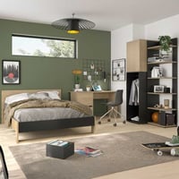 Slaapkamer Nael: tweepersoonsbed 140x190, bureau, boekenrek, kledingkast - eikdecor/zwart