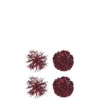 Doos van 4 bal hanger rond/koraal plastiek rood