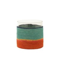 Theelichthouder rond+strepen glass/zeegras blauw/oranje