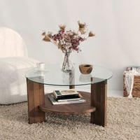 Elegante Walnut salontafel, gehard glas en massief hout