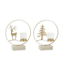 Theelichthouder rond rendier hout goudkleurig/wit assortiment van 2