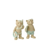 Beer strandmeisje/jongen polyresin beige/lichtblauw small assortiment van 2