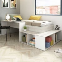 Bed Quinn 90x200 cm met bureau en opbergruimte - grenen/ wit