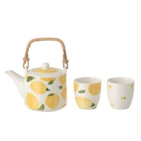 Theepot + kopjes citroen keramiek wit/geel