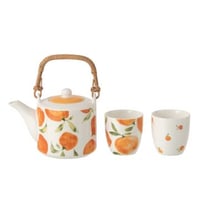 Theepot + kopjes oranje keramiek wit/oranje
