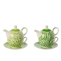 Theepot luipaard + zebra porselein groen/wit assortiment van 2