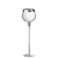 Kaarshouder bol op voet craquele glas transparant/zilver large