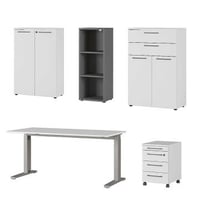 Bureauset Osmond | Bureautafel, ladekast, gesloten archiefkasten en open archiefschap | Lichtgrijs-antraciet