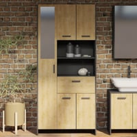 Badkamerkast Marlin - 83x33x185cm - 5 deuren, 1 lade & spiegel - eikdecor/zwart