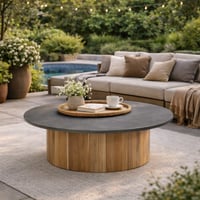 Salontafel Viola Gescova - Teakhout & Sintered Stone - Ø80x32 cm - Bruin/Grijs