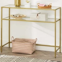 Gouden Console Tafel - Modern 2 Planken Gehard Glas met/Metalen Frame en Verstelbare Voeten
