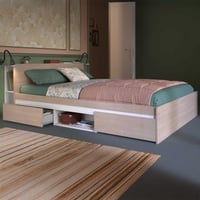Tweepersoonsbed Bruxelles 148cm-2 legplanken, 2 lades, 1 opbergvak-wit/eik