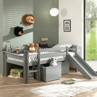 Halfhoogslaper met glijbaan Pip 90 x 200 met 2 opberglades en legplankje dennenhout - grijs