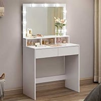 Kaptafel met 9 LED lampen, spiegel, 2 laden, 3 open vakken