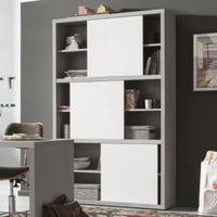 Boekenkast Prato 120cm met drie schuifdeuren - beton / hoogglans wit