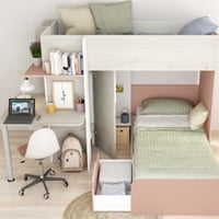 Stapelbed Beau 90x190 cm met bureau-roze/dennenhout/wit 