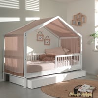 Huisbed Forrest 90x200 met rolbed, uitvalbeveiliging en bedtent - wit/roze