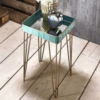 Bijzettafel | 35 x 35 x 56 cm | Goud-lichtblauw/Glas
