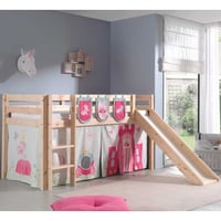 Halfhoogslaper met glijbaan Astrid met bedtent & opbergzakjes Princess II - dennenhout