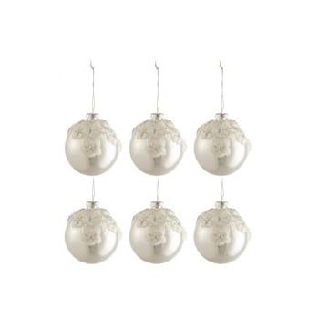 Doos van 6 kerstballen bloemen glas blinkend zilver small