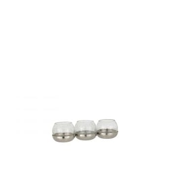 Theelichthouder 3 bol craquele glas/stainless steel zilver