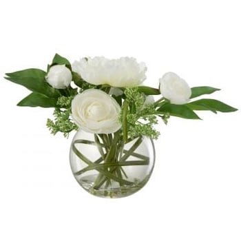 Ranonkel pioen in vaas bol plastiek glas wit
