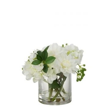 Dahlia hydrangea in vaas plastiek glas wit