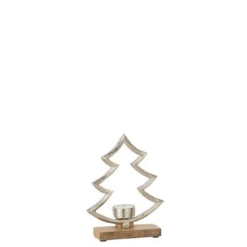 Kaarshouder dennenboom op voet hout aluminium zilver small