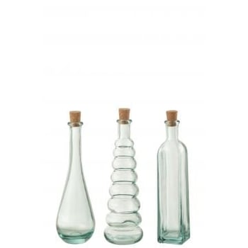 Fles werveling rond vierkant kurk gerecycleerd glas large assortiment van 3
