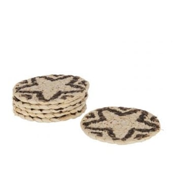 Set van 6 onderzetters rond ster maisschil naturel/bruin