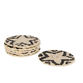 Set van 6 onderzetters rond ster maisschil naturel/zwart