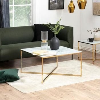 Salontafel Alisma 80x80cm - wit marmer/ goud