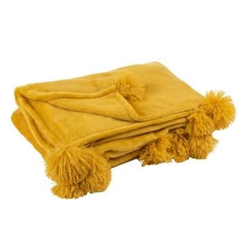 Plaid pompom polester oker