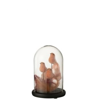 Stolp 3 vogels+pluimen glas roze/bordeaux