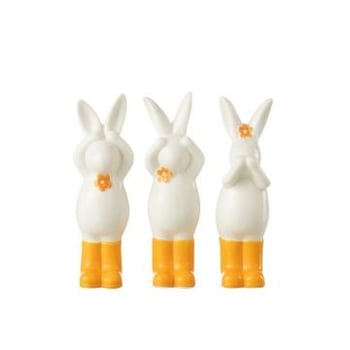 Konijn horen/zien/zwijgen porselein oranje/wit assortiment van 3
