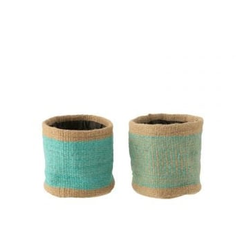 Mand rond+band jute naturel/azuur medium assortiment van 2