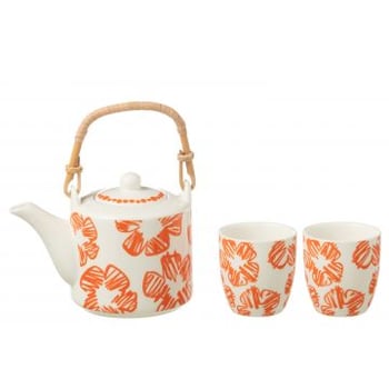 Set 3 theepotten set bloemen doos keramiek oranje