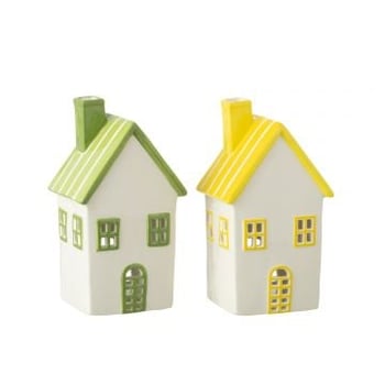Theelichthouder huis dolomiet geel/groen assortiment van 2