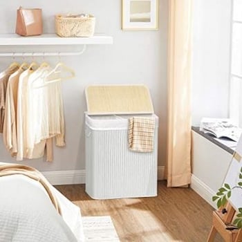 Bambo Verdeelde Wasmand met Deksel, Inhoud 100L, Uitneembare Voering
