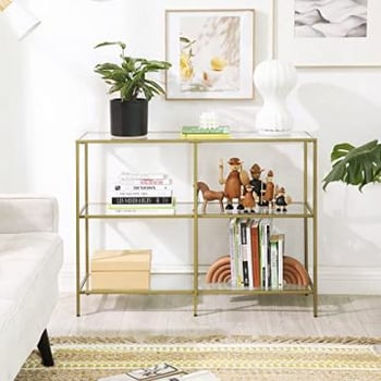 Moderne Console Tafel, 3-etage gehard glas Sofa Tafel met metalen frame voor hal woonkamer slaapkamer, gouden kleur
